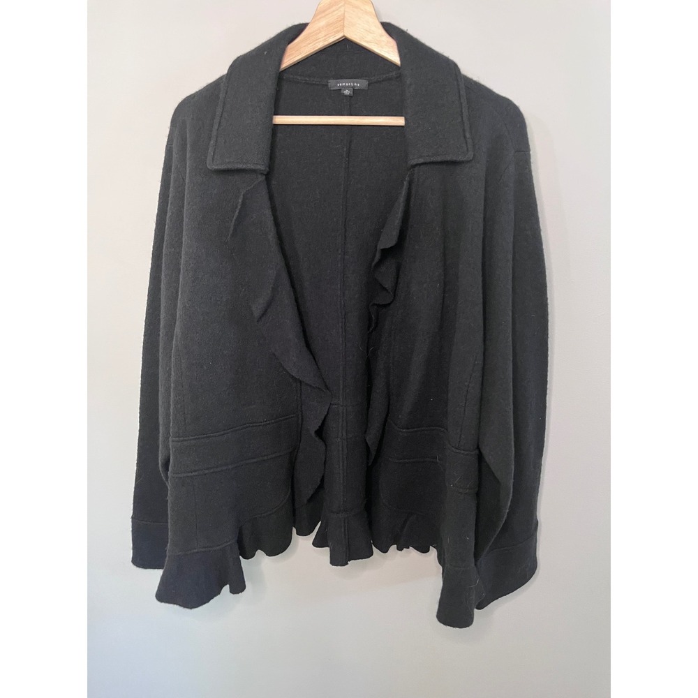 Semantiks‎ Black 100% Wool Ruffle Trim Hook Eye Jacket Womens 3X Plus Size